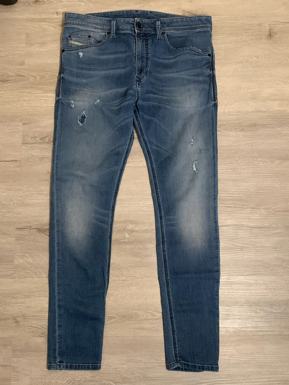 Diesel Men's “Spender” Sweat Jeans in Medium Blue with Distressed Accents